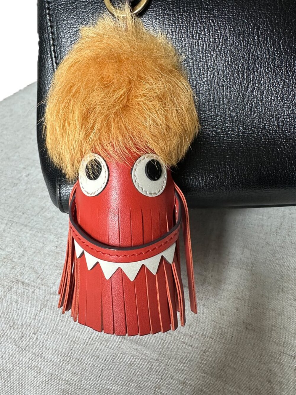 Anya Hindmarch Red Leather Monster Bag Charm Fur Pom Fringed Tassel